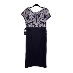 JS Collection Womens 8 Soutache Lace Top Stretch Pencil Skirt Midi V Back Blue